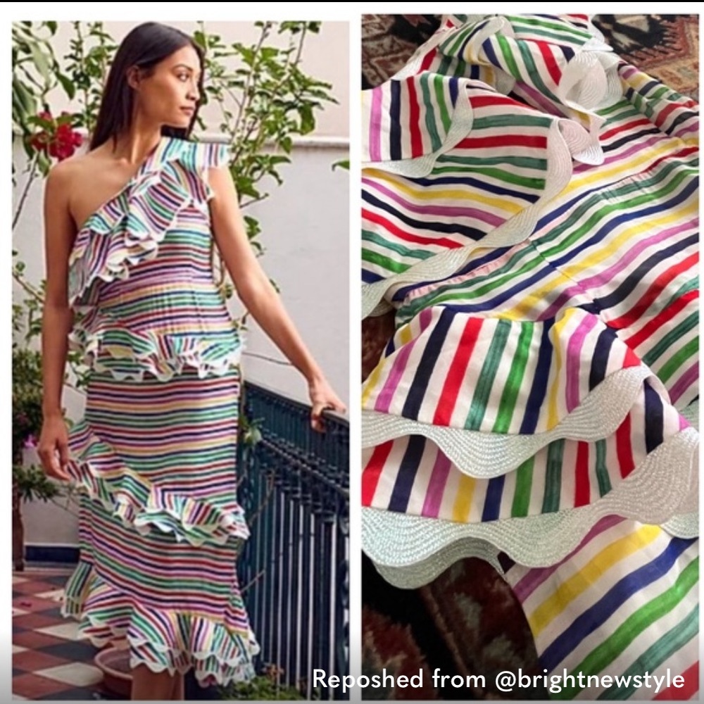 CeliaB Rainbow Striped One Shoulder Ruffle Midi Dress fitted silk S